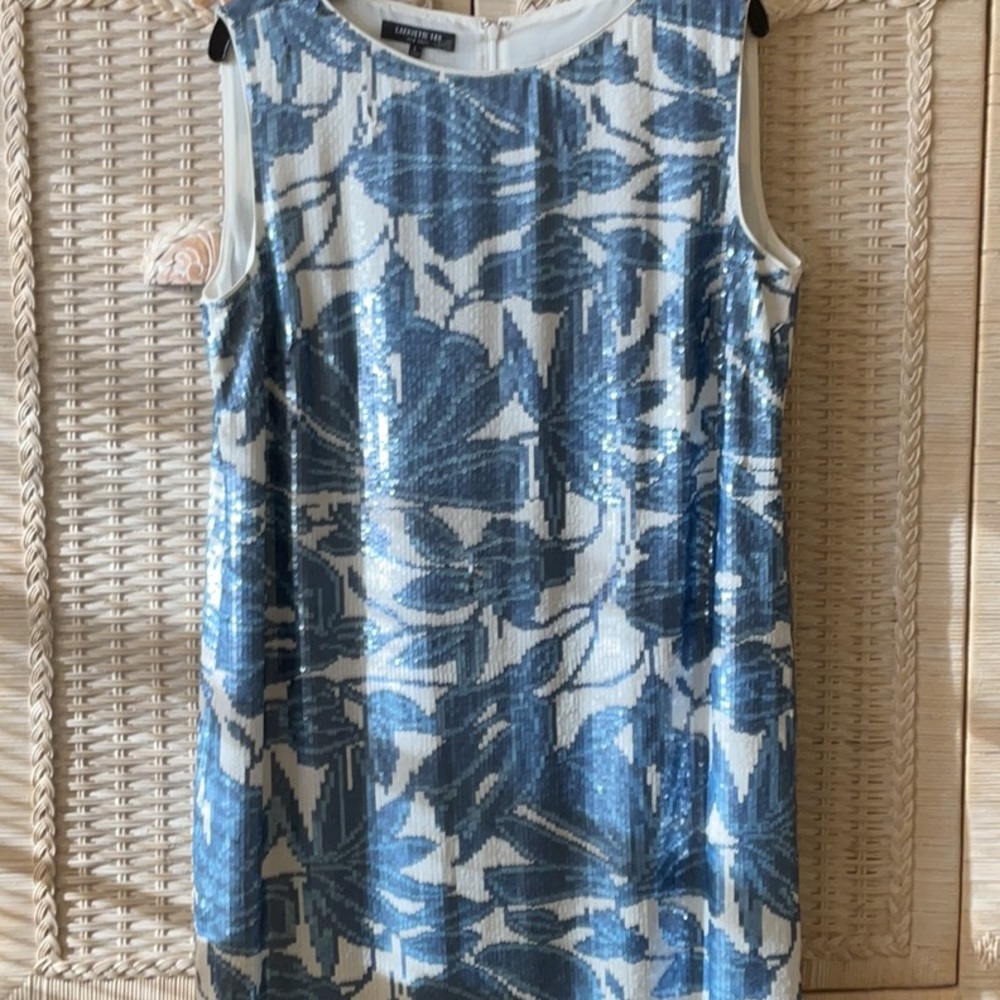 Lafayette 148 New York XS Blue Sequin Noah Dress Floral NWOT - Picture 15 of 16